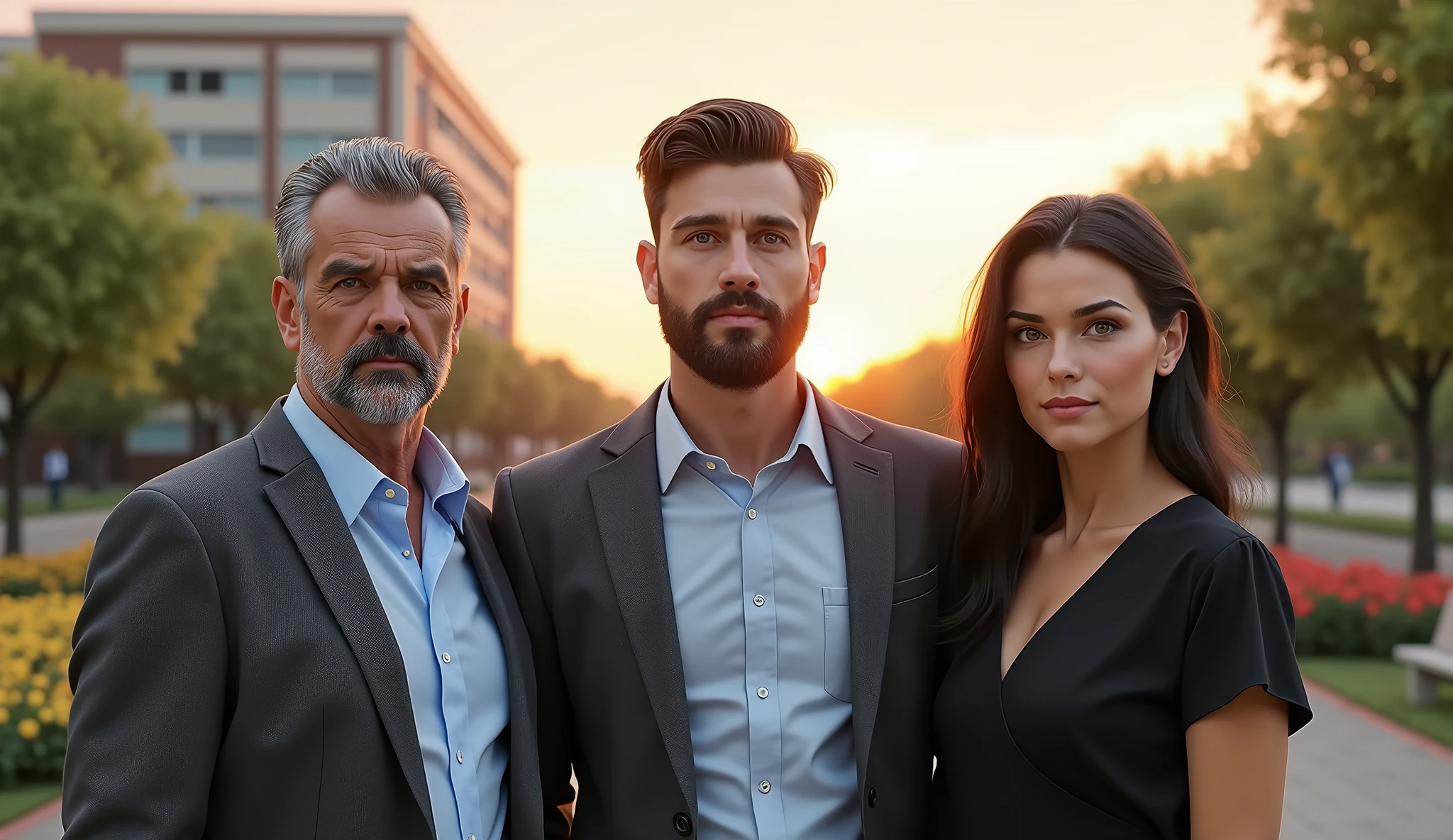 Ultrarealistic full-body portrait of three people standing in front of a blurred hospital at sunrise. Serene, sunny morning with well-maintained trees, benches, and colorful flowers. Soft dawn light illuminates the scene.

Left: Handsome 50-year-old businessman. Deep brown eyes, short graying brown hair, well-trimmed beard. Wearing elegant blazer.

Center: Handsome 30-year-old businessman, central focus. Brown eyes, short brown hair, neat beard. Light blue button-up shirt.

Right: Beautiful 2 woman. Pale skin, delicate features, long black tousled hair, vivid green eyes. Wearing sophisticated black dress.

All have serious, confident expressions, conveying introspection and determination. High-quality rendering with extreme details, maintaining serene and contemplative atmosphere.

Negative prompt: Cartoon style, unrealistic features, medical equipment, patients, doctors, ambulances, crowded scene, nighttime, rain, snow, extreme facial expressions, casual clothing, children, elderly people.