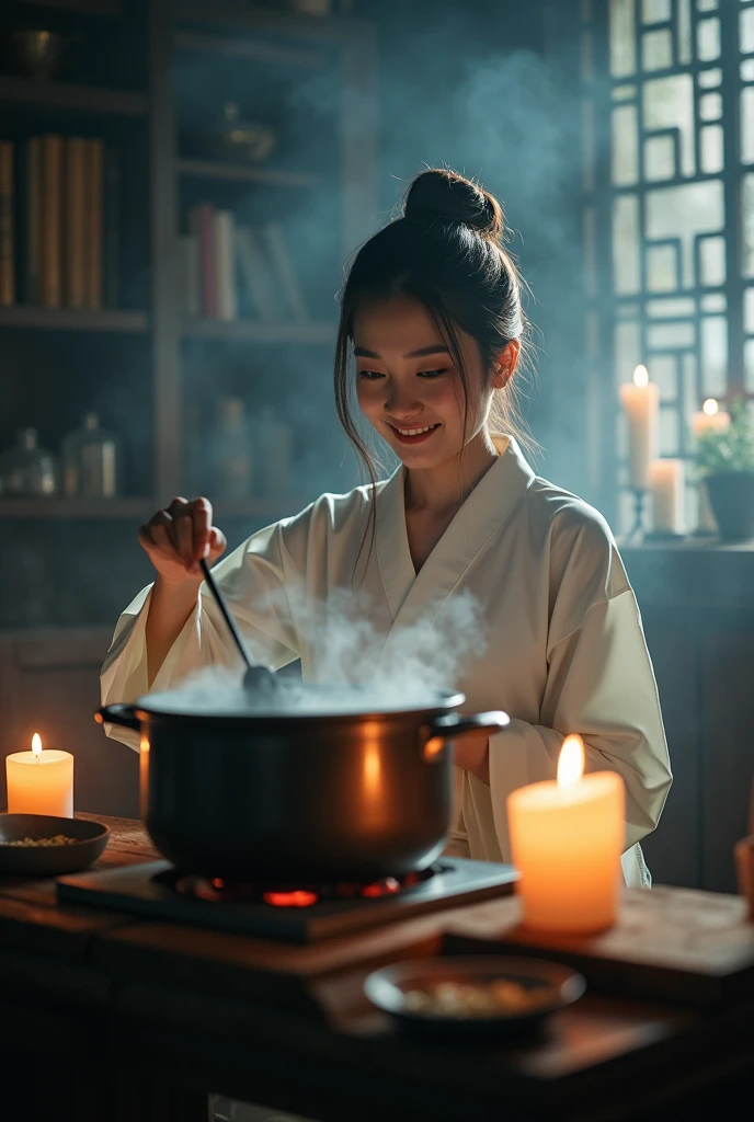 In this image, a woman is sitting in a dark room with smoke billowing around her. She is wearing light-colored clothing and smiles as she lifts the lid of a pot on a stove. There is light from candles behind her, giving the atmosphere a warm and mystical feel. This setting could allude to cooking or the preparation of medicine, which were important in some cultures, as in the Hanfu period of China.