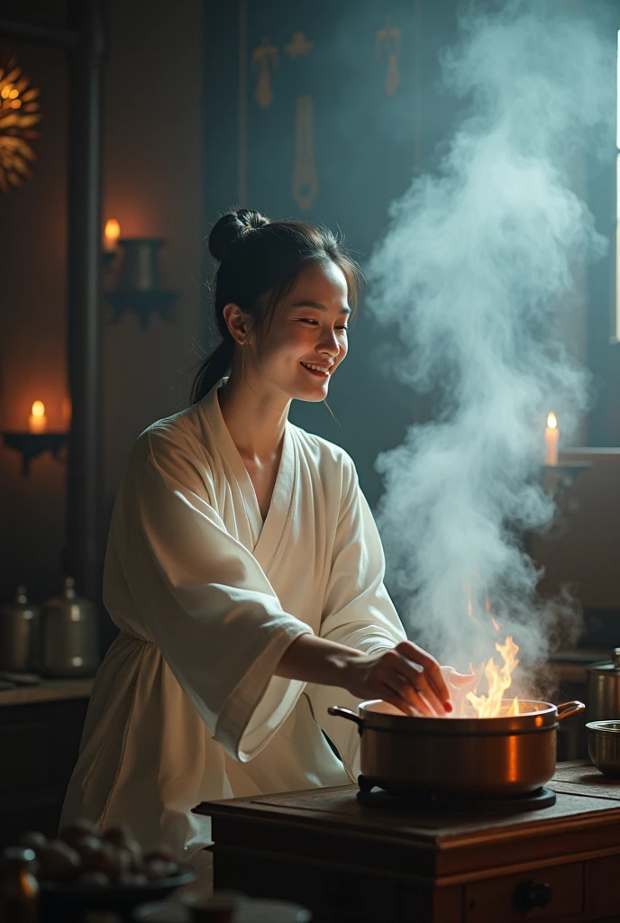 In this image, a woman is sitting in a dark room with smoke billowing around her. She is wearing light-colored clothing and smiles as she lifts the lid of a pot on a stove. There is light from candles behind her, giving the atmosphere a warm and mystical feel. This setting could allude to cooking or the preparation of medicine, which were important in some cultures, as in the Hanfu period of China.