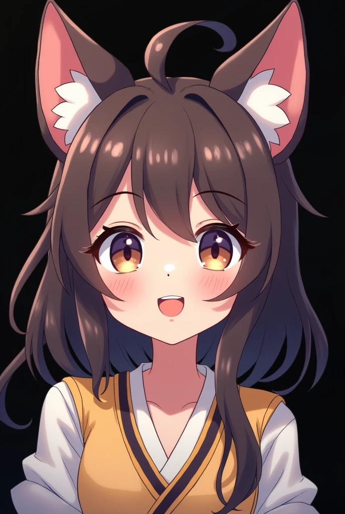 ear blush, by rubio, by the wide, swept bangs, Non-matching pupils, Sanpaku, cat ears, smile, animated style, tachi-e, High Definition, Black background