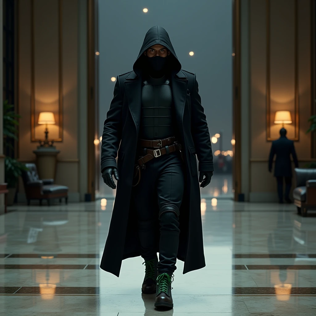 image haute qualité 16K, photo réaliste, vu de très haut, près que vol d'avion. Un homme 40 ans Keanu Reeves de physique imposant, mesurant 1,80 mètre, se tient debout avec assurance marchant avec détermination faisant face a la camera. Sa silhouette imposante est mise en valeur par une musculature robuste, témoignant d'une force physique impressionnante. Il est vêtu d'une tenue principalement noire, avec un tissu épais qui semble à la fois fonctionnel et élégant. Sur son torse, il porte un plastron ???? mat, renforçant sa protection tout en conservant une apparence furtive. Un très long manteau en tissu épais, également ????, trainant sur le sol, légèrement ouvert, bougeant au rythme de ses pas, accentuant l'aura de mystère qui l'entoure. Sa capuche ample, tirée profondément sur sa tête, plonge son visage dans une obscurité totale, dissimulant ses traits et ajoutant une note énigmatique à sa présence. Même sous la lumière d'une nuit ????, son visage reste indiscernable, caché dans l'ombre, Ses pieds sont chaussés de bottes en cuir noires de style Doc Martens, avec des lacets vert bouteille, renforcées et adaptées pour l'action. Autour de sa taille, un ceinturon en cuir solide est maintenu par une boucle argent. Le héros mystérieux se tient là, calme et serein, marchant d'un pas déterminer dans un grand hall d'immeuble de bureau laissant des trace de pas sur un sol en marbre ???? et blanc. Derrière lui une grande porte d'entrée vitré de bas en haut longé de colonne, laissant apparaitre une ville plonger dans une nuit ???? profonde.