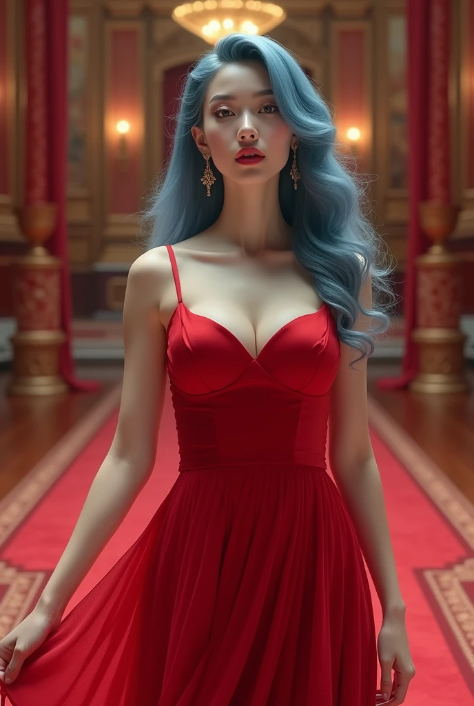 (Best quality,8K,A high resolution,Masterpiece:1.2, DSLR, 16k ),Ultra-detailed,(Realistic,Photorealistic,photo-realistic:1.37),Portrait, Creative style artwork, Historical, classical, Sophisticated, plethora of colors ,Highly detailed, Soft lighting, luxurious environment , black dress, there is young woman , girl wearing a red classy royal dress, performing a music video, slim fit (oval perfect shape, asymmetrical face structure, perfect proportion, almond eye type, hazal eye color, detailed eyes, blue hair color, 32 inch breasts, hourglass figure, slim body, pale white skin tone ,sexy girl, 2, soft wavy hair, looking away, attitude expression, professional makeup, pink lips)