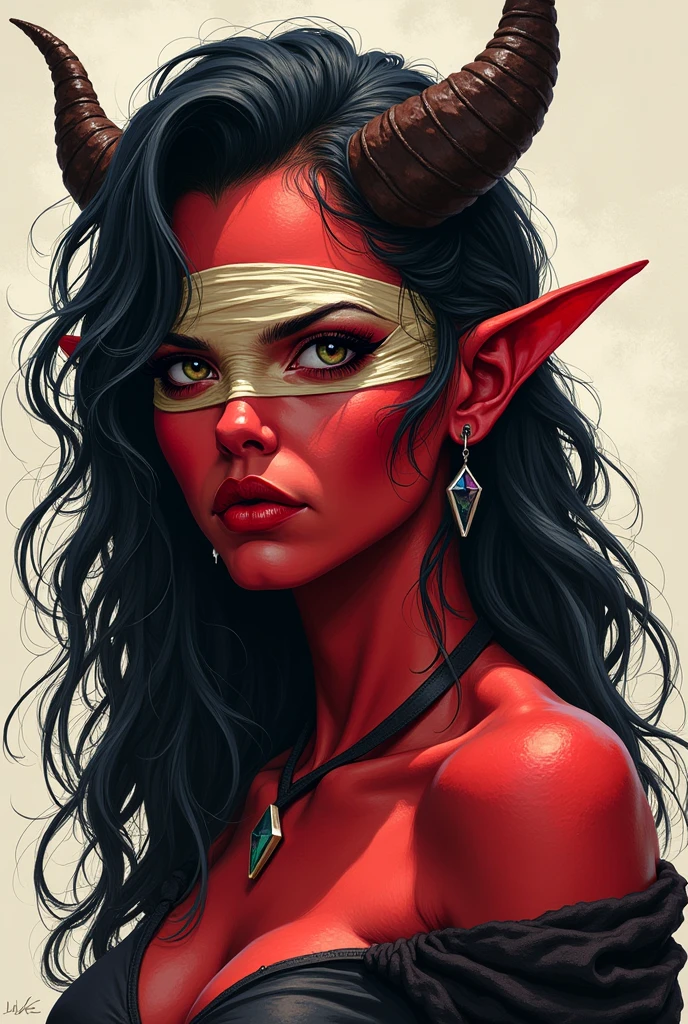 Drawing like image , tiefling woman, with read skin, black hair, small horns and her left eye is covered diagonally with bandages, she is strong like an warrior , drawing like
