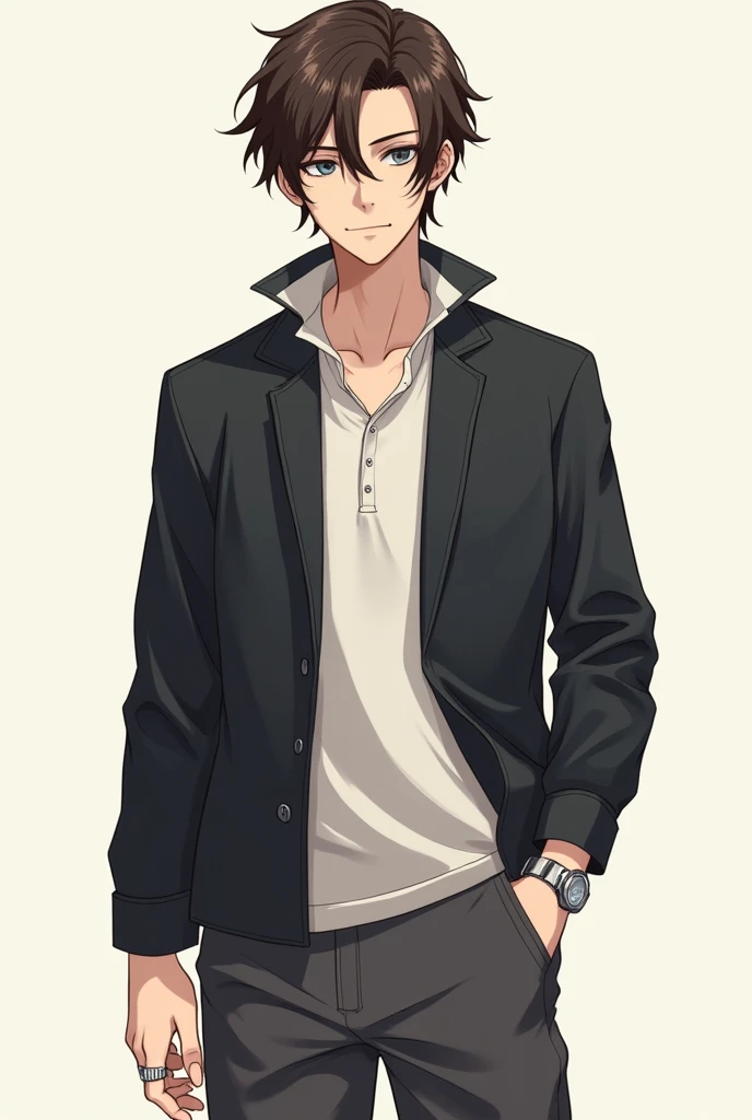 Un lyceen de manga masculin habillē d'une veste d'uniforme, d'un polo et d'un bermuda ample, with brown hair that falls in locks on either side of her forehead. Ses yeux sont noirs, il se tient droit et de face, has a slightly dark complexion and a beautiful smile. He is tall, mince, wears a watch with a silver bracelet and metal rings on his fingers. Il a les traits virils mais doux, des mains veineuses, le front and degage