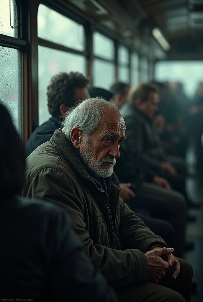 "Une photo d'un bus bondé avec un vieux homme assis, les épaules voûtées et les larmes coulant sur ses joues a grosse goutte. Il a un visage triste et abattu, contrastant fortement avec l'agitation et l'activité des autres passagers autour de lui, qui semblent ignorer ou ne pas remarquer sa détresse."