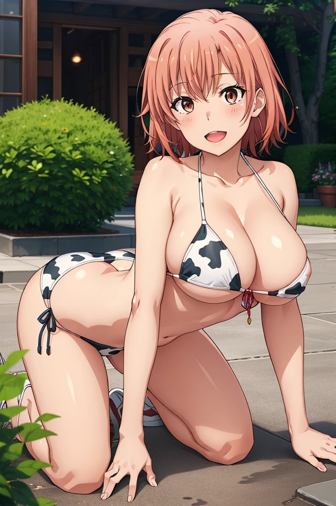 ((Highest quality, High resolution, Pixel perfect, 4K)), (1 person), (Beautiful Anime),
Observe the audience,
Perfect body,
yuigahama yui, short hair, Very big boobs、Erect nipples 、 Brown eyes、Detailed eyes、Let your hair down、
(blush), smile、Please open your mouth a little、
(Cow print bikini:1.2)、Cleavage、
Cowboy Shot 、
noon 、garden 、 On all fours