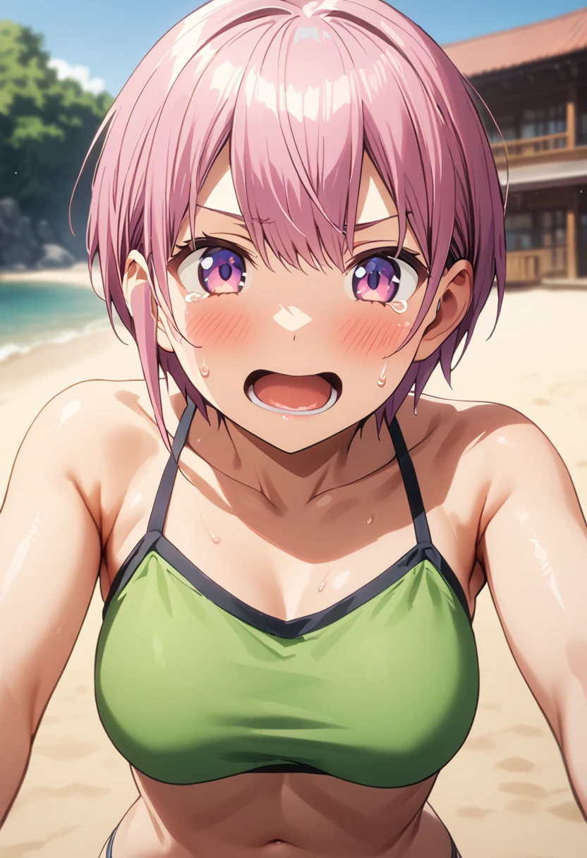 (Highest quality, 4K, 8k, High resolution, masterpiece:1.2), Very detailed, Picturesque, Animated Photography, Photo Animation:1.37)、A Japanese highschoolgirl、(Pink Hair)、(Pixie Cut)、in a beach、bikini、(bikini color:random)、black cheokr、Ecstasy face、trembling、Sweat、Drooling、crying、Wet Hair、Full body photography、(((Splash)))、Nakano ichika