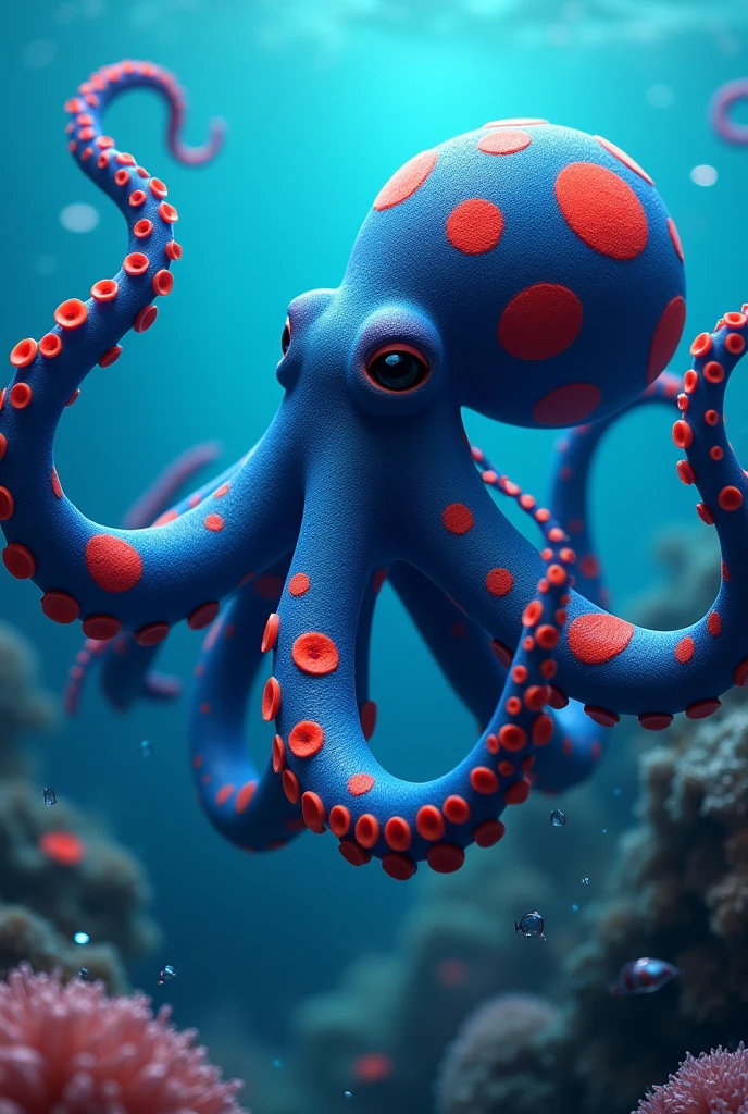 blue octopus, with a large red spot and grey tentacles 