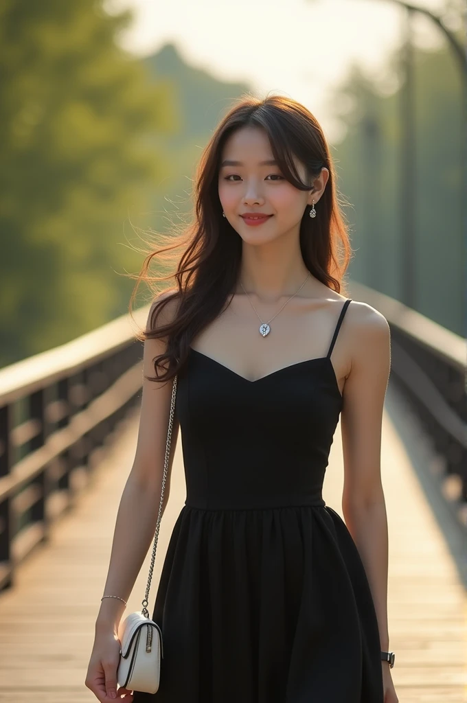 A realistic photograph of a women with a cute black dress walking on a bridge with cute little white purse. She looks down as she walks and she is also wearing a leaf shaped small silver necklace with black coloured simple earrings. She looks more like Russian and have a very cute smile like Korean girls. The image is talken at morning light, which is perfect for the photograph