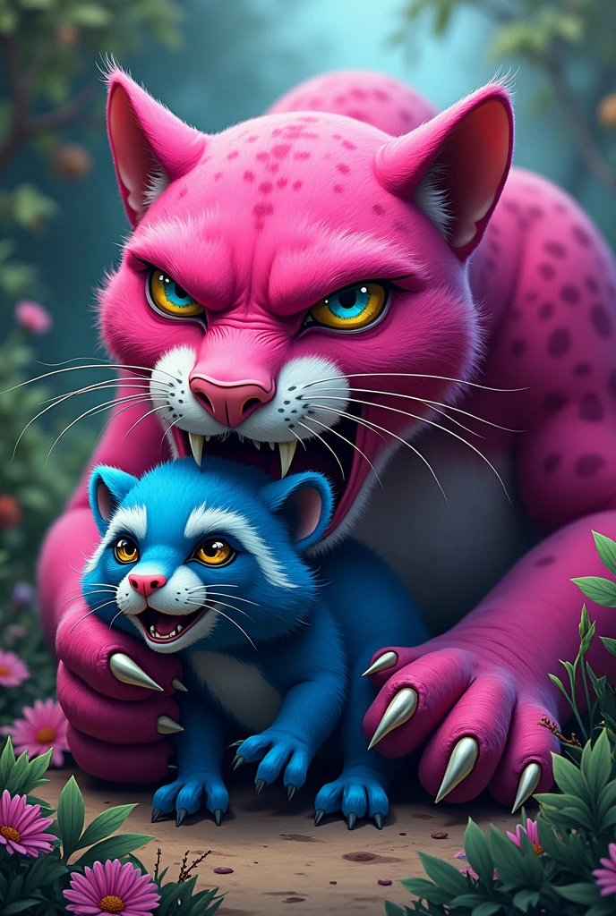 A pink panther eating a blue raccoon