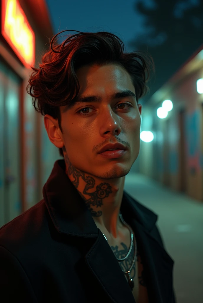 A handsome and attractive 2 American man with a flirtatious expression, a neck tattoo, brown eyes, in the year 2022.. He is in a lonely park at night, walls with graffiti.. He has a modern haircut. Style and boy. msesy hair