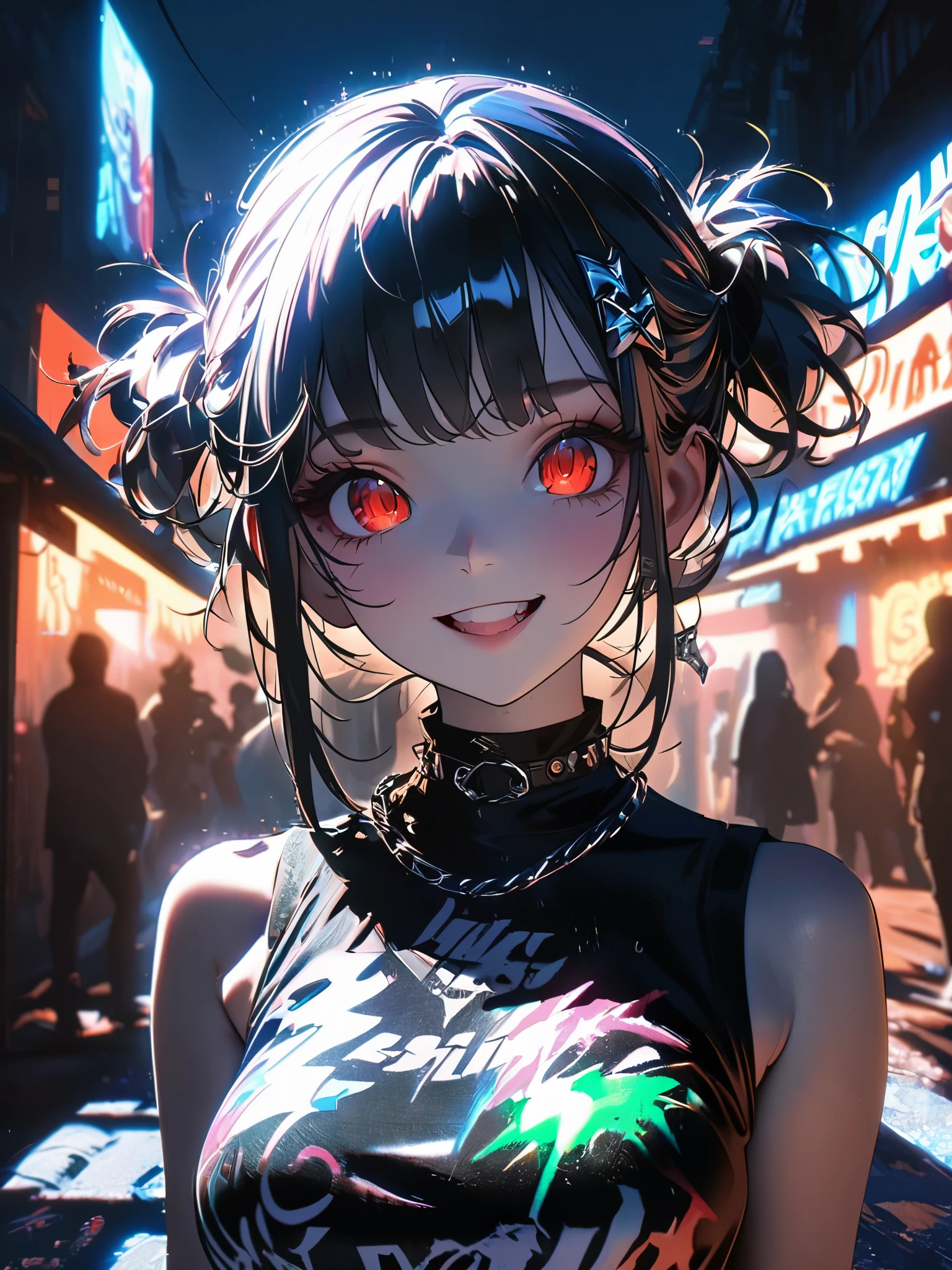 1 person, chromatic aberration, Written boundary depth, Soft Light, masterpiece, Highest quality, complicated, Tone Mapping, A place where fireworks are set off at festivals. Concept Art, Smooth, Clear focus, Dramatic lighting, Very cinematic, super practical painting, アートステーション's trending, 8k, Incredible Shadows, practical, whole body, View, Viewers, Portrait of a Girl 1, standing on street corner, Heavy rain and lightning、Dark Sky, neon and cyber punk background, she is dressed in punk clothing with silver chains and silver spikes, Her hair was dyed a bright black color..........Ominous aura of light, smile, punk, ciber punk, Backlight.Fashionable clothes、Friendly dress code:Stylish green sleeveless denim style.My breasts are a little big.Beautiful red eyes