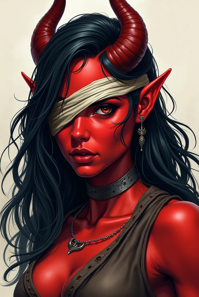 Drawing like image , tiefling woman, with read skin, black hair, small horns and only her left eye is covered diagonally with bandages, she is strong like an warrior , make she look like an drawing and Less realistic, and more like a drawing, cover her left eye with diagonal bandages