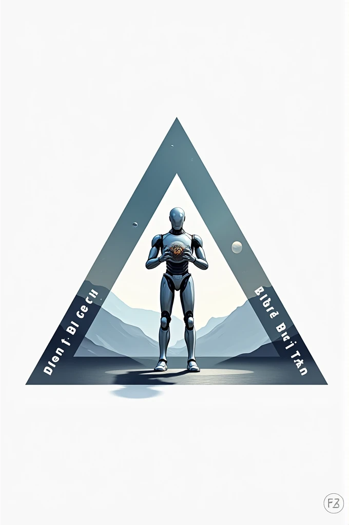 Make an image of a triangle-style logo with the ends written Astro Bio Tech And in the center of the image place a robot holding a satellite or planet, make a tumblr image