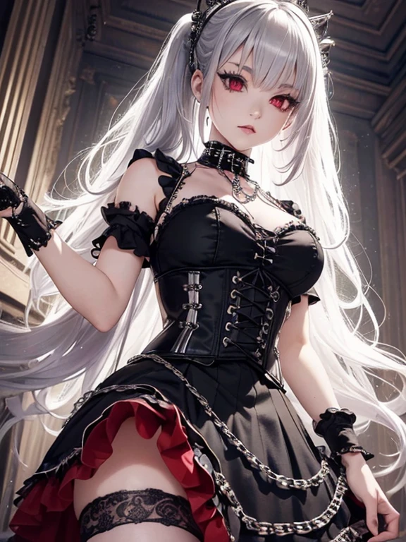 A 2 gothic punk goth girl, perfect face, beautiful Asian woman with long White hair in curls and coils, very cute and beautiful girl, (highly detailed beautiful face), high detailed fingers, (Blood Red corset with detailed frills), detailed face, detailed fingers cowboy shot, looking at viewer, ((sexy Punk Lolita cosplay)), unconventional skirt, petticoats, high neckline, ((ultra detailed lace)), ((ultra detailed embroidery)), intricate details, tartan patterns, ((silver chains)), ((silver spikes)), ((safety pins)), Punk Lolita  Punk Lolita choker, ((large sparkling Punk Lolita, cinematic light, detailed gothic house background 