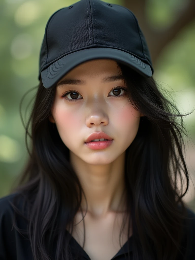 chinese girl 20 years old , with flawless face,focus on her gaze,cute,beautiful,high quality beautiful,black hair ,with black bisbol hat,casual style ,natural ,badass