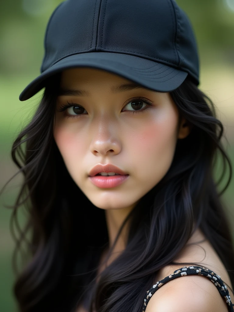 chinese girl 20 years old , with flawless face,focus on her gaze,cute,beautiful,high quality beautiful,black hair ,with black bisbol hat,casual style ,natural  ,badass