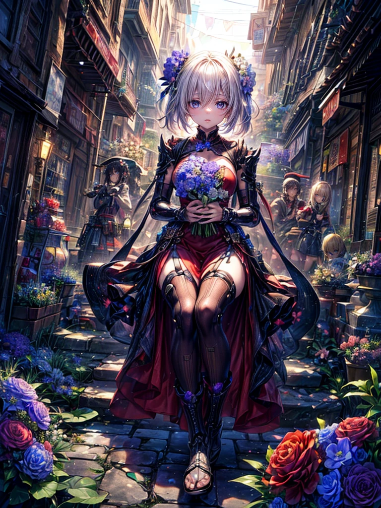 High resolution, Winner of numerous awards, Ultra high definition, Textured skin, Retina,
masterpiece,(bestquality),highlydetailed,ultra-detailed,1girl, (A composition where a girl:1.4)(A crimson red dress blended with mechanical parts:1.2)White boots(Modern landscape:1.2,natural lighting:1.5,confidentexpression),(Modern Japanese building rooftops)(panorama:1.2),smile,angle、chrome,raw(A beautiful girl with pink hair in a short cut:)(Hands and feet are mechanical parts.2)(祝福の花束💐を渡す、Give it to me as a gift:1.5)(high detailed flower bouquetを手に持つ💐:1.6)(Arms and knees are mechanical parts:1.4)