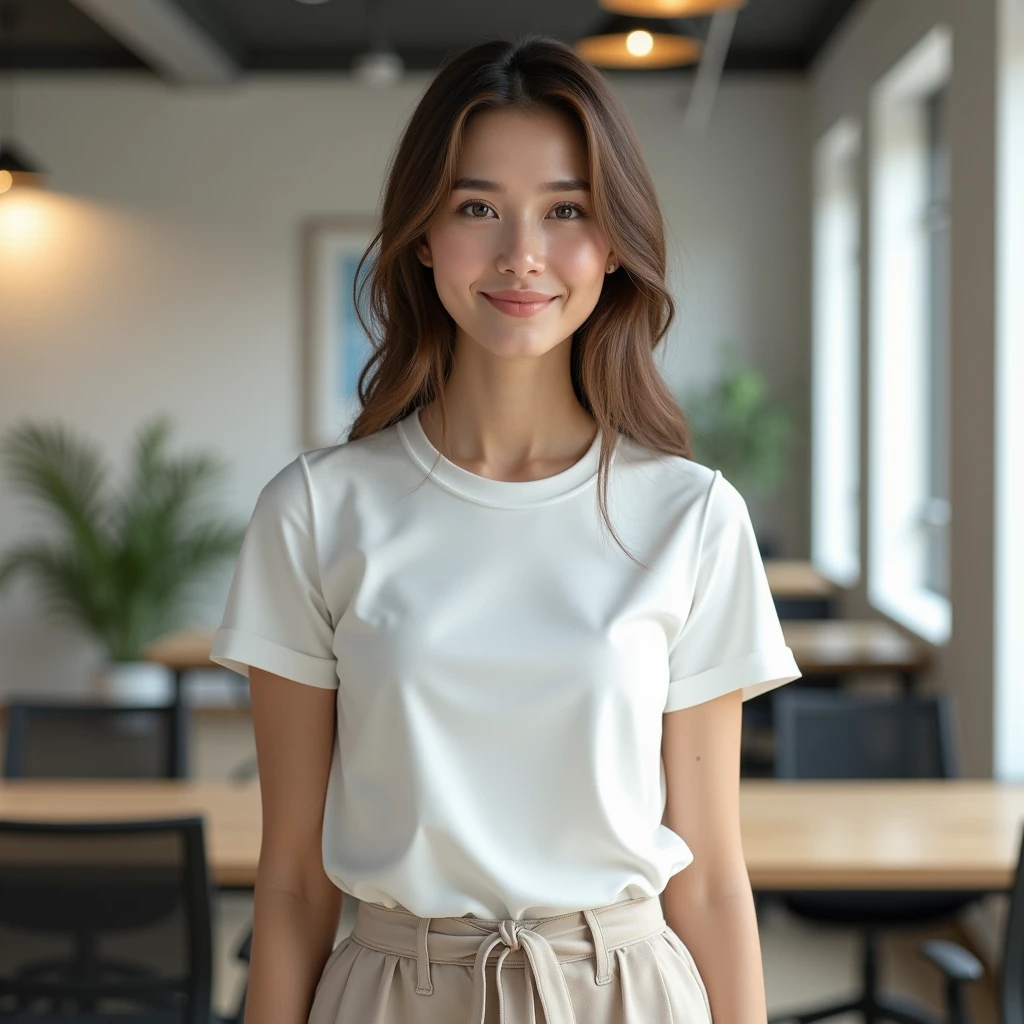 A high-resolution, smiling, front-facing image of an East European woman, wearing a plain white t-shirt and skirt. The woman is smiling, standing straight with a relaxed posture and a neutral expression. The scene is set against a [modern office interior] background with [soft ambient light]. The t-shirt is smooth, with minimal folds, ideal for overlaying designs. The image captures the entire body from head to toe, with realistic lighting and detailed textures., photorealistic, first-person view, UHD, masterpiece, anatomically correct, 4K