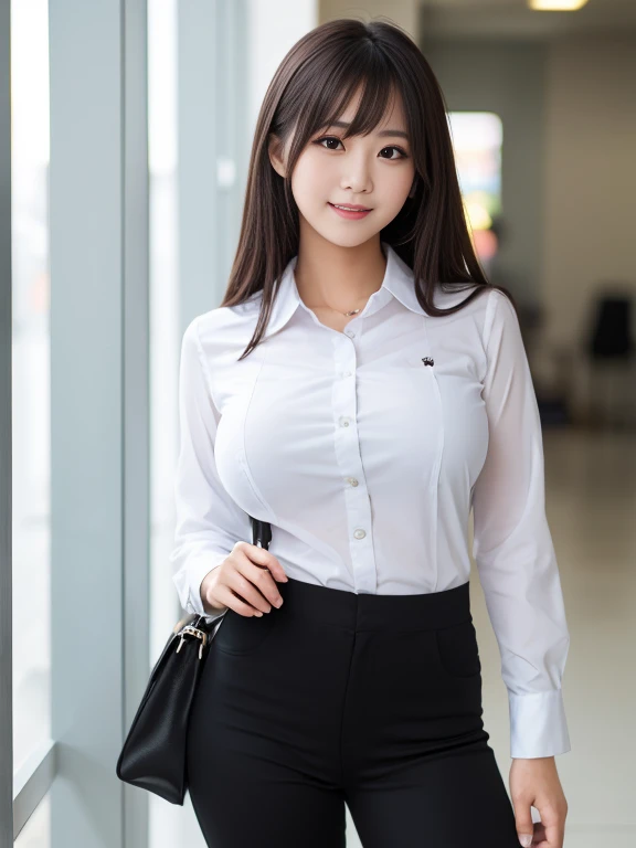 (Best Quality:1.2), Raw photo, High resolution, perfect detail, Professional Photography, Professional Lighting, Sharp Focus, Very beautiful cute girl, Japanese girl, Beautiful detailed face and eyes, Detailed double eyelids, droopping eyes, dark hair, with bangs, smiling, woman in the job market, (huge breast:1.3), huge buttocks, sexy body, white collared shirt, tight matte black pants, (full-body shot:1.2)