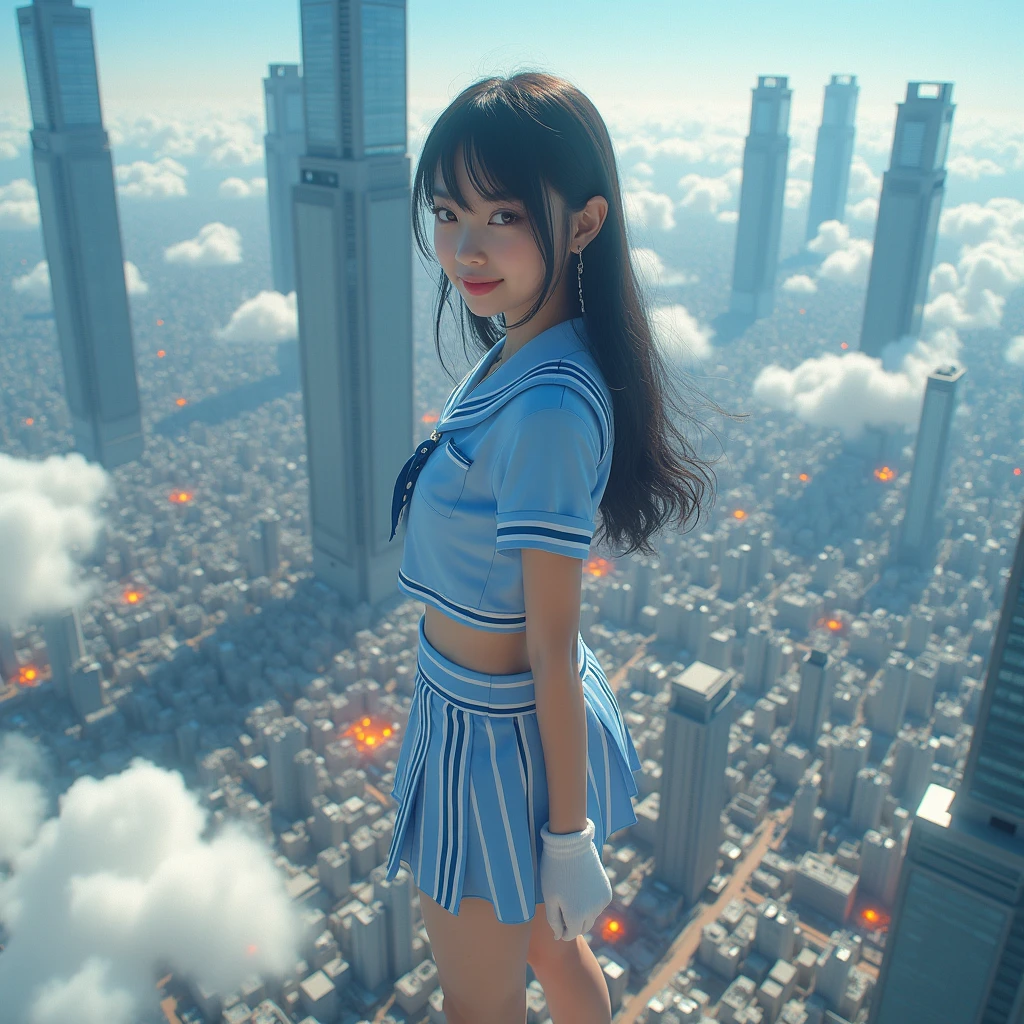 (((Best Super High quality giant Clone girls Raw Photography Art))), (((16K, Highest quality, Ultra-high resolution, RAW Photos))), (((((It&#39;s a very unrealistic and delusional worldview.))))), A high school girl with thick black hair, Light blue short sleeve uniform, Blue and white striped mini skirt, White socks, Black leather shoes, Very detailed美しい女体, Very detailed完璧な体の構造, ((Big Breasts)), (((A seductive smile))), (((((Extremely detailed depiction, Super huge beautiful girl, 50,000ft, High school girls are much taller than skyscrapers, The shoes worn by high school girls are bigger than skyscrapers))))), (((((A depiction of a group of gigantic high school girls looking down from high up in the sky))))), (((((small city, Super miniature city, The people in the town are tiny))))), ((((((((Highly detailed cloning depiction, 1giant girl-1,000giant clone-girls)))))))), (Very detailed, The detailed depiction of the proliferation of Clone-girls, ((With perfectly identical Clone-girls&#39; bodies, With the exact same face as Clone-girls, With the exact same hairstyle as Clone-girls, Dressed exactly like the Clone-girls, Exactly the same height as the Clone-girls, 完璧にClone-girlsと同じ超Big Breasts), (((((1,000giant Clone-girls))))), ((There are so many gigantic high school girls that you can barely move your feet., A bunch of high school girls trample on a skyscraper, Kick a skyscraper down with your foot, Destroying cities, rubble scattered, Many explosions and smoke at the places where they were stepped on, All skyscrapers are destroyed)), City Survivors 0.001％, High school girls have fun