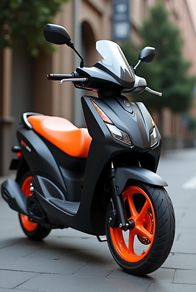 YAMAHA MIO GRAVIS version 2 with matte black flairings; orange seat; orange rims. Side view angle