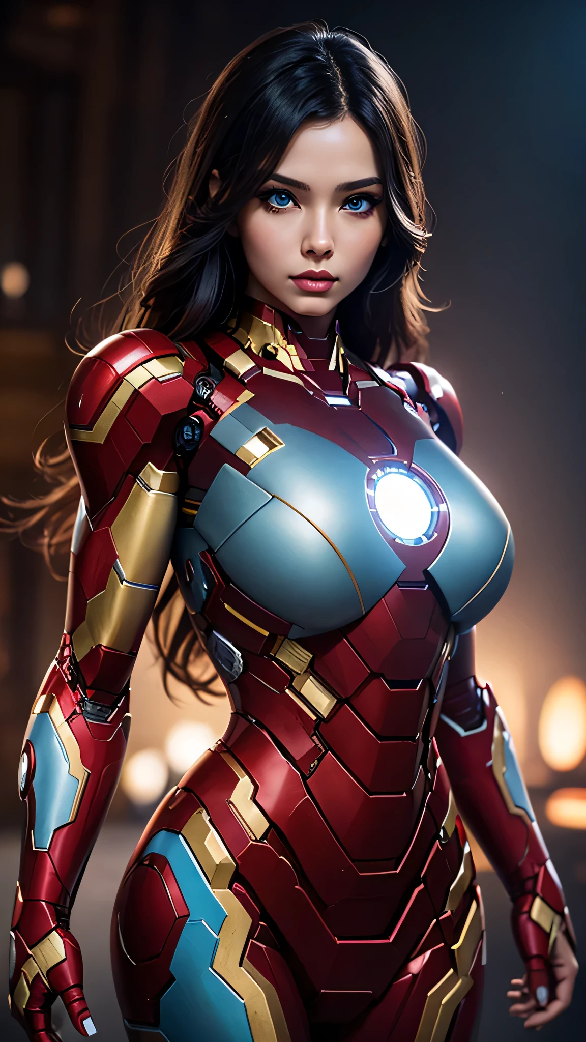 Woman cosplays as iron man, sexy woman, curvy body, woman 3, posing at full height , big breasts, Divine face, beauty faces, high detail, Beauty of lips, photorealistic, ultra realistic, background, rtx on, Color correction, perspective, depth of field, line of sight, tonal colors, 8 thousand., Full HD, perfectionism, Rim lighting, daylight, soft lighting, Accent lighting, Score diffractions, hot woman , super detailed, (( Detailed beautiful light blue eyes )) , ( black hair )  , variety of hairstyles, long hair, ( red and gold iron man suit ), very big tits