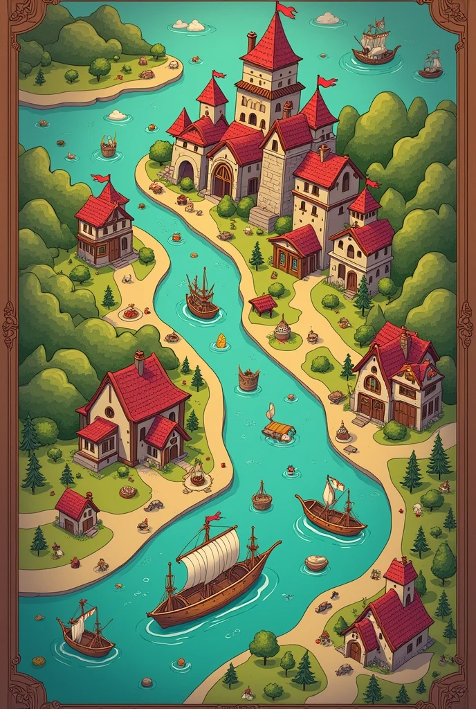 An art of a navigational style map in cartoon style, it must contain some cities with the following names that refer to trade. It must include a margin and border . Por favor, redo it doing the navigation style I asked for