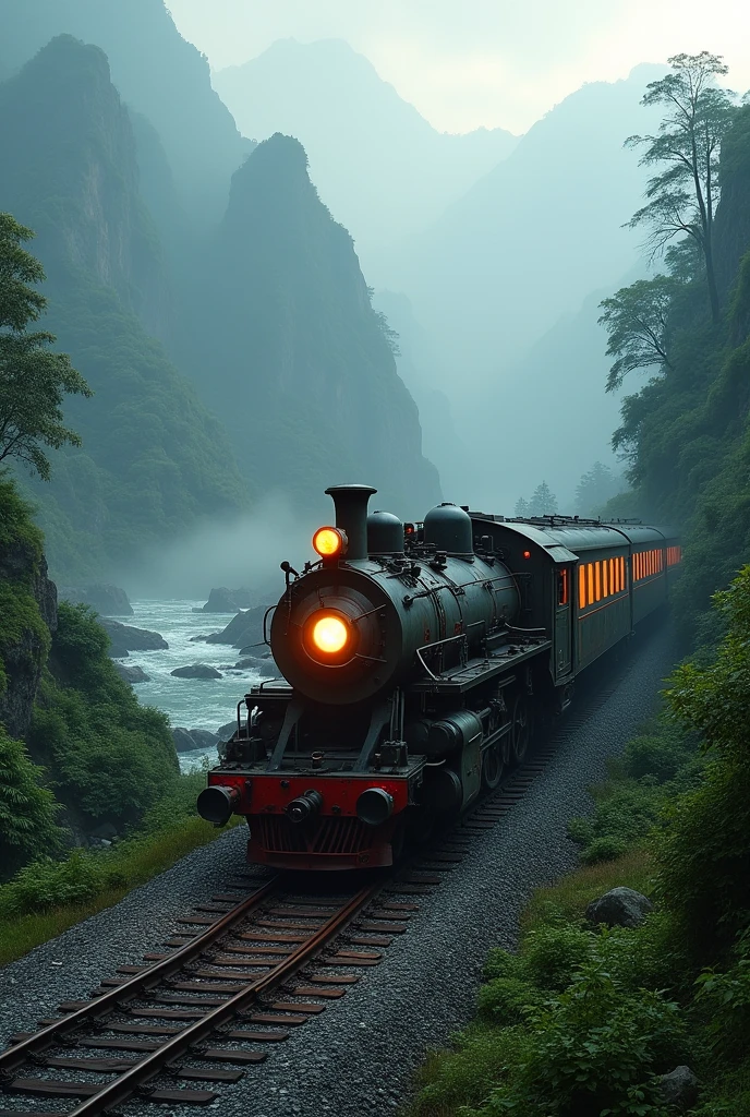 A Indian old train in morning with nature between mountains and rivers in cyberpunk in black 
