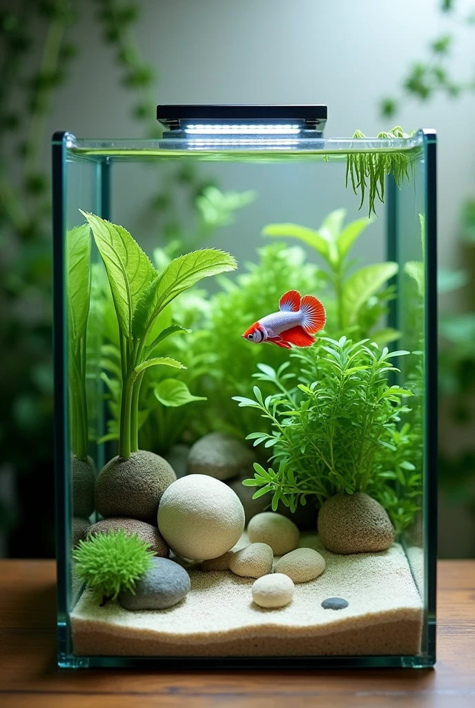 aquascape that consists a 5 gallon rectangle tank, aquatic plant java fern, 2 marimo balls, some river stones, a light colored hard sand substrate and maybe colored background with good lighting. Also put a light color betta fish that suits to be inside it. Focus on the aquascape arrangements