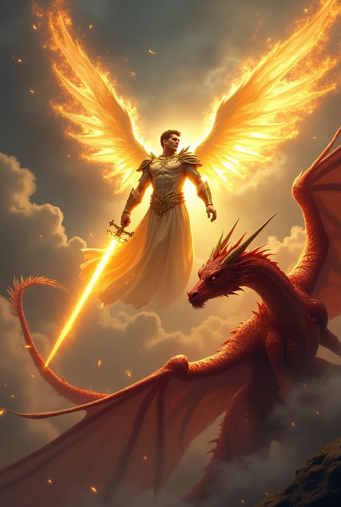 A male angel who is on high, he has golden armor dressed in the sun and as if he were protecting something, he is feared and he is an angel of divine light., carrying a sword of fire in a sky with dark gray clouds having a divine light from God, fighting a great red dragon terrible and frightening with two wings four feet with horns and a tail dragging the stars 