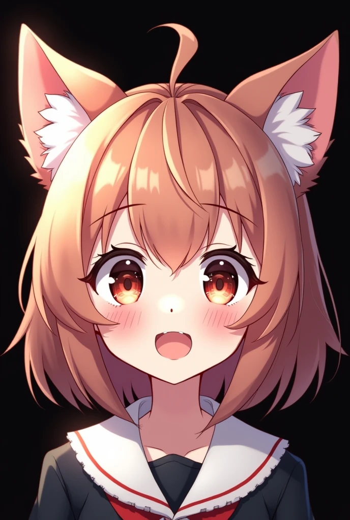 ear blush, by rubio, by the wide, swept bangs, Non-matching pupils, Sanpaku, cat ears, smile, animated style, tachi-e, High Definition, Black background
