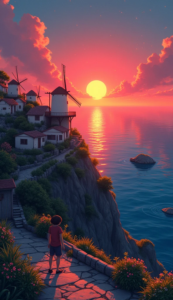 A serene coastal village on a cliff, with windmills and lush gardens, where villagers tend to their crops while gazing out at the endless sea.The sun is setting in the horizon, casting a warm orange and red glow across the sky and reflecting on the calm ocean water.  anime realistic illustration style serene and romantic.Hawaii, gta vice style , illustration , reteo comic illustration moody, melancholic, vibrant color, detailed, akira --ar 16-9 --niji 6 (brokeh effect) (fireflies glowing)( glowing dots)