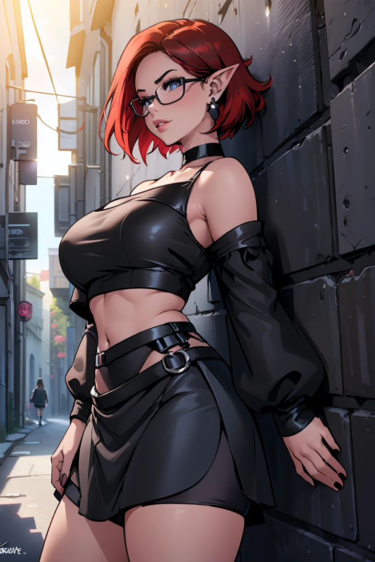 1girl, beautiful elf woman, ((Short Red Hair, Straight, has shine)) Blue eyes, double eyelids, light effect on eyes, detailed irises, beautiful curvy body, glasses, ((Off the Shoulder sleeveless Black crop top with black micro skirt: 1.5)), black choker, black panties, black high heels, ((Work of art, hyper-realistic, hyper detailed, Best Quality, 16k, light and shadow on skin, vivid colors)), ((Standing against a wall in a alleyway of the city at night: 1.5)), Lustful Expression, perfect lips, sexy mature face, lots of freckles all over body, full pouty lips, extreme blush, sensual smile, ((Night)), moonlit sky, Flirting with the viewer, Looking at viewer, Flirty Lewd Smile, ((Large Breasts: 1.2)) ((Full Side View))