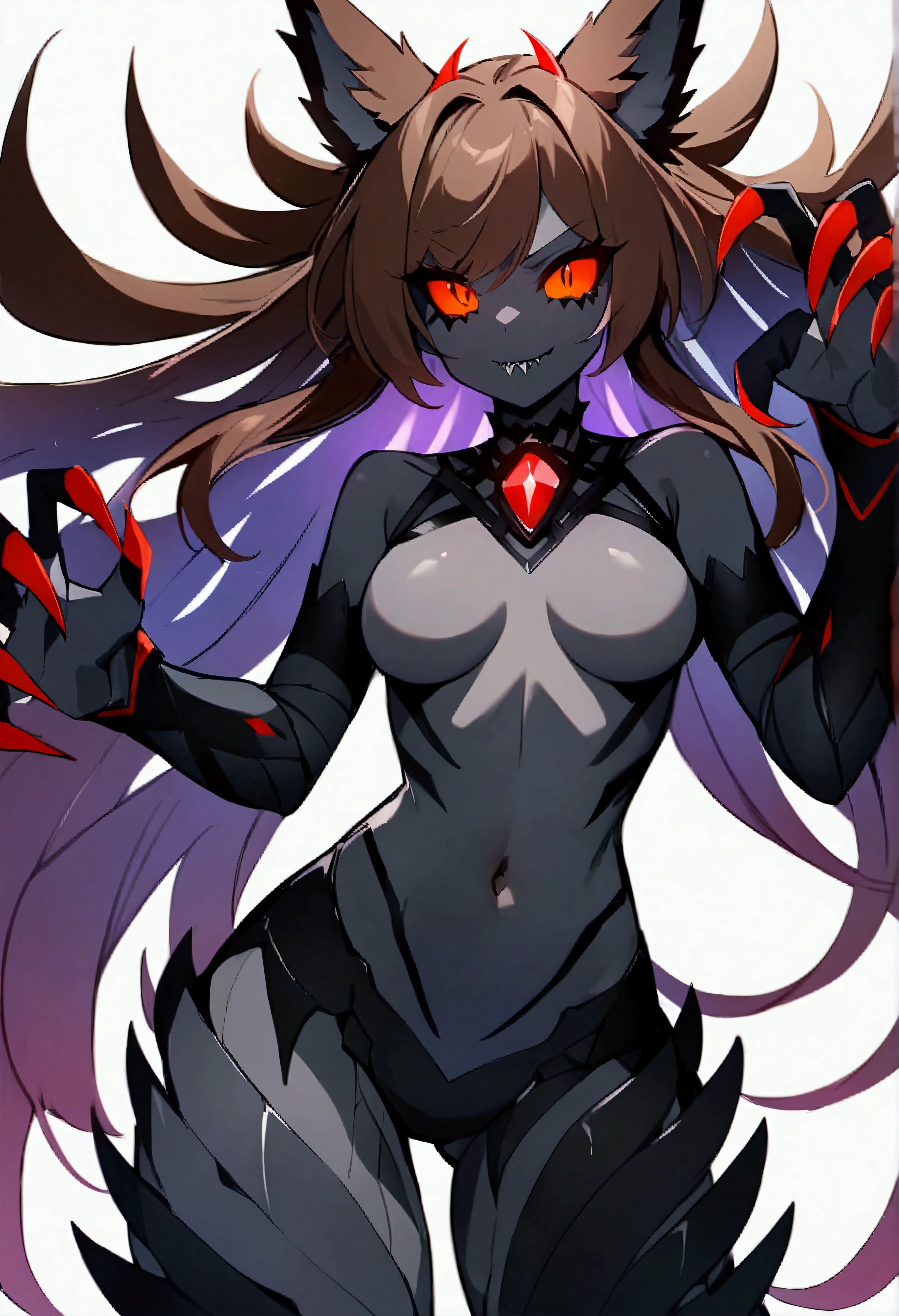 score_9, score_8_up, score_7_up, source_anime, hi res, masterpiece, best quality, highres, BREAK Ys_Style, 1girl, white background, long hair, monster girl, simple background, no nipples, claws, animal ears, navel, sharp teeth, glowing, colored sclera, personification, multicolored hair, brown hair, black skin, medium breasts, upper body