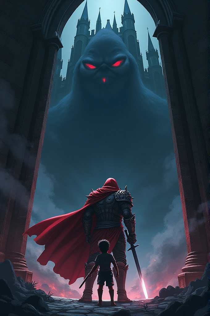 Illustration for anime about a guy, trying to protect the boy, dark castle.