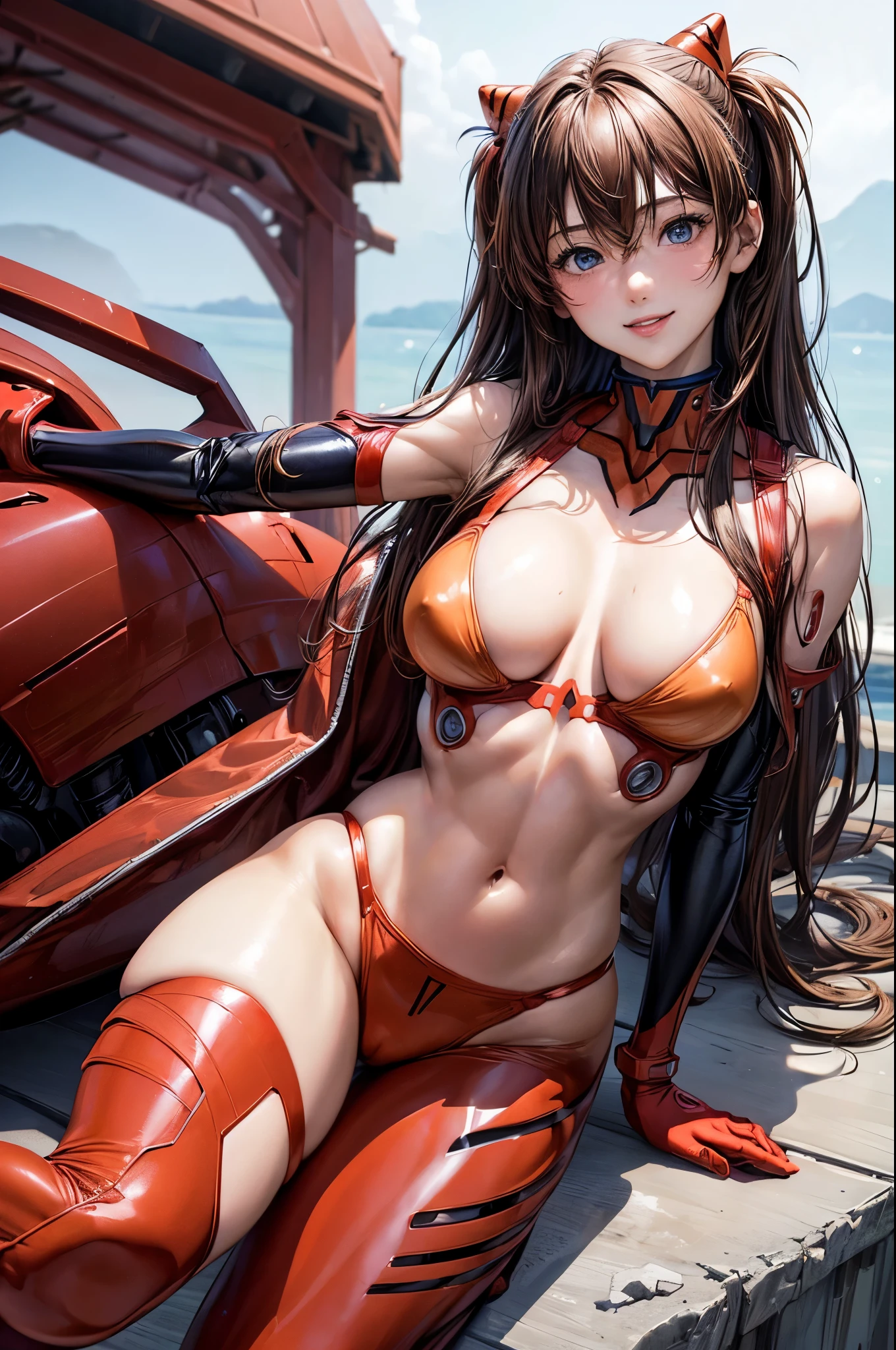 (masterpiece, Highest quality:1.3), (Super detailed:1.4),(Super detailed顔:1.2),(Super detailed目:1.2), (hyperRealistic:1.3), (RAW Photos:1.2), High-definition RAW color photos, Professional photos, (PhotoRealistic:1.4), (Realistic:1.4),8k,Professional Lighting, Perfect Anatomy, BREAK,(Big Breasts:1.4),(blush:1.2),(Bright smile:1.3),detail, Sharp focus, dramatic,dutch angle,(Sexy gravure pose:1.2),asuka langley soryu, (souryuu asuka langley:1.2), long hair, bangs, Blue eyes, brown hair, hair ornament,bodysuit, pilot suit, plugsuit, red bodysuit, interface headset,
