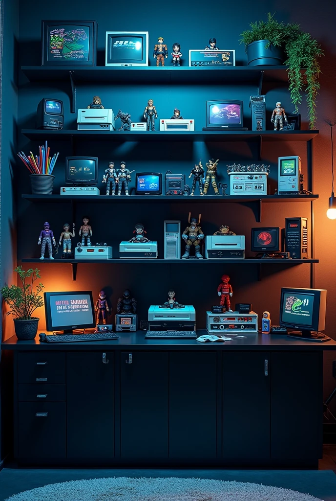 create a scenario of, the image must be 720 x 1280 in landscape format, for a nerd channel, a black wall, with black shelves, and dark blue lights. On the shelves, put old video games, nintendo 8 bit, atari, mega drive, if you cannot use these images, put similar ones very similar. Make it as realistic as possible, growing too, nerd culture items, don't show the floor, only 2 walls, ponha action figures, of animes, naruto, dragon ball, among others. Do not use tables etc.... just shelves and bookcases, also do not use chairs, tables and pcs, make the shelves different sizes
