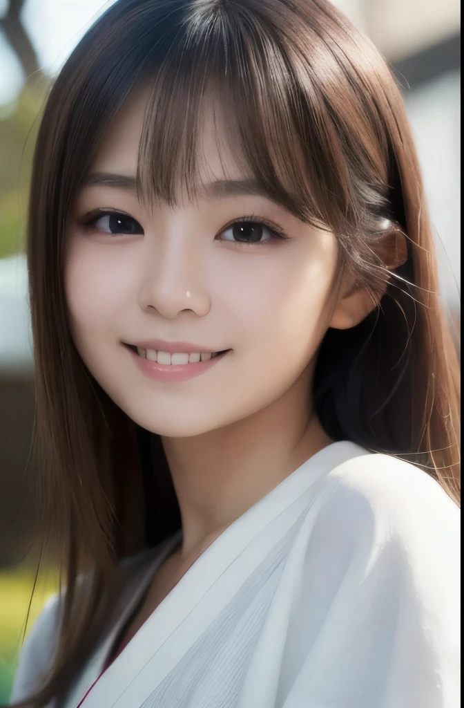 best quality, face focus, soft light, ultra high res, (photorealistic:1.4), RAW photo,(Shinozaki Ai), (fair skin), (kawaii),
1 Japanese girl, solo, cute, smile, (pupil, lights in the eyes),  detailed beautiful face, Medium-sized breasts,(high resolution detail of human skin texture),(long hair),(portrait), upper body, white traditional kimono