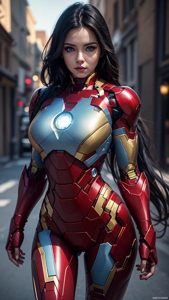 Woman cosplays as iron man, european woman face, sexy woman, curvy body, woman 3, posing at full height , big breasts, Divine face, beauty faces, high detail, Beauty of lips, photorealistic, ultra realistic, background, rtx on, Color correction, perspective, depth of field, line of sight, tonal colors, 8 thousand., Full HD, perfectionism, Rim lighting, daylight, soft lighting, Accent lighting, Score diffractions, hot woman , super detailed, (( Detailed beautiful light blue eyes )) , ( black hair )  , variety of hairstyles, long hair, ( red and gold iron man suit ), very big tits