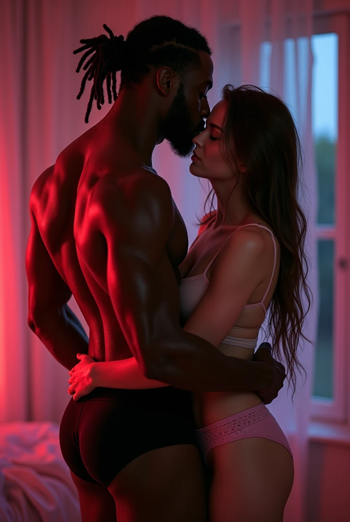 (Photorealistic:1.4), (Masterpiece:1.3), (Top Quality:1.4), Ultrarealistic, HD 8K, Sexy well proportioned full body of ((innocent And (Sexy) little 2 ukrainian girl) And (big (Muscular) black man)), black lycra thong man, powerful jaw, detailed medium dreadlocks, dominant, big Muscular arms, broad chest, slim waist, strong legs, clean face, she has a bright expression, extremely beautiful, incredibly handsome, extraordinarily beautiful, detailed cute And beautiful face, beautiful big grey eyes, elegant straight extremely long brown hair, small perky nose, thin red lips, beautiful bangs, white and pale skin, bangs that extend to the face, thin body, sexy pert buttocks, extremely pale woman, extremely pale skin, (cozy bedroom), atmosphere alternative, Vibrant lighting, High contrast,dramatic shadows,highly detailed,detailed skin,depth of field,Dynamic angle,glittering lighting,film grain,woman (pale white ((translucent baby doll)),pink underwear) ,extremely translucent baby doll,men's lycra swim briefs,full body view,woman standing in front of a man,woman back body joined tu man chest and hips,man holding woman ,(man kissing her back),full standing view,Desire look,Sexy bite lips,perfect feet,passionate pose,((uncovered body)),full body exposed,(no distortions),(no tattoos),(perfect fingers),extremely explicit and erotic,detailed breast