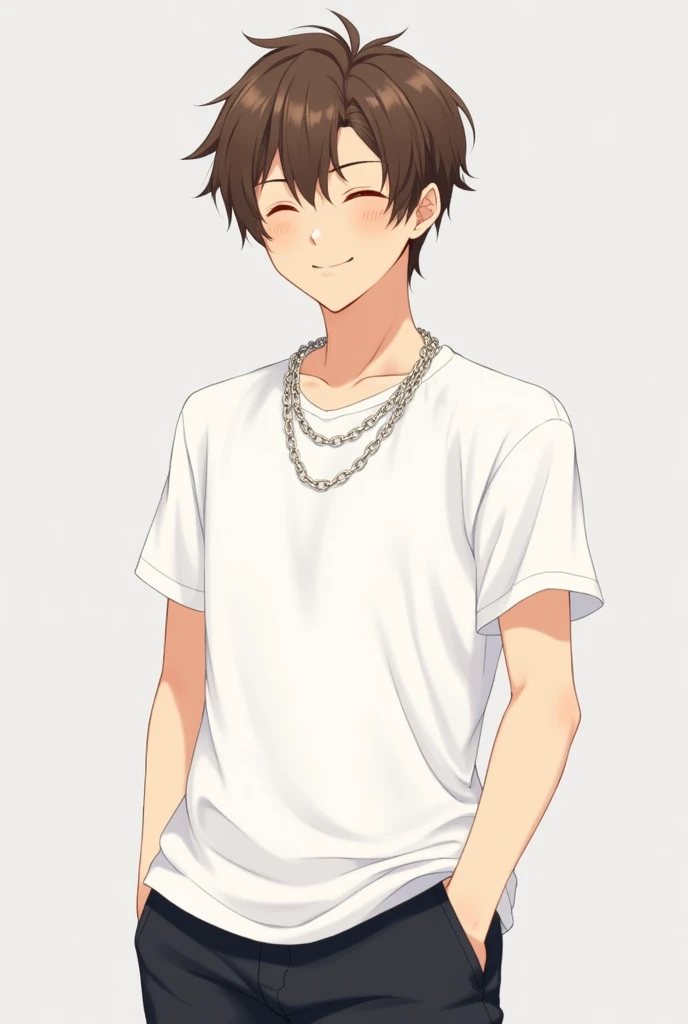 Make an image of a anime guy with glasses and white plane t shirt and black plain shorts, wearing a chain necklace and brown hair that has curtain in smiling face, closing eyes with gray plain background 
