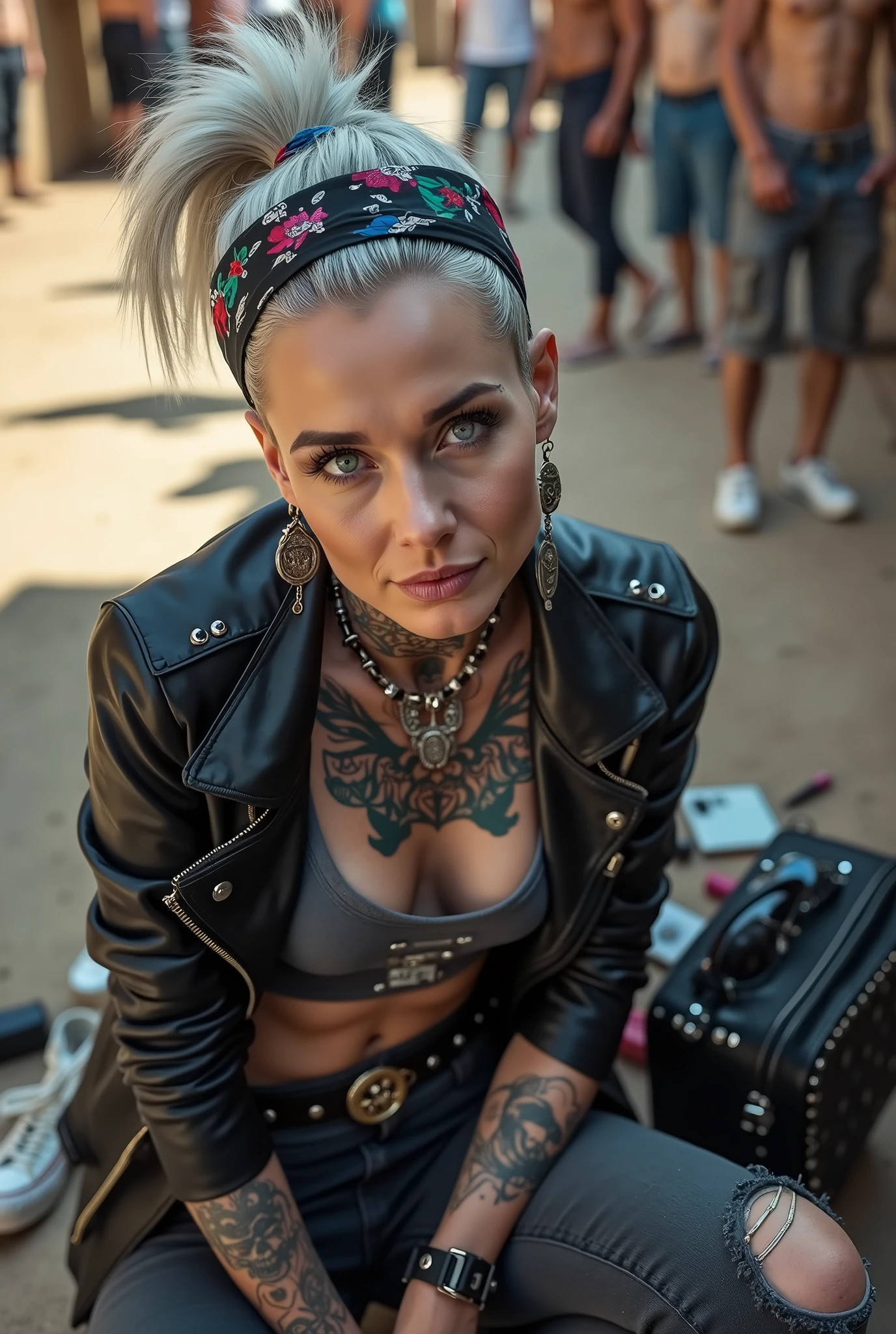 russian milf woman, grey hair (combed back in top bun) and oversize colourful bandana as headband, with very light blue eyes, extremely pale. Wearing studded cropped black moto jacket with lots of zippers and pins, black push up bra with white seams , dark skinny blue jeans and pointy black Chelsea boots with cuban heels . Studded Choker. Lots of metallic bracelets and collars. Tacky wide studded leather belt with oversized skull and bones buckle. Long bohemian earrings. Squatting, looking at the camera, humble facial expression. Hands on her knees, studded black leather tote bag with chains Listening in amazement to somebody speaking to her, toned six pack abdominals, thin neck, slim legs and thin arms. Tattoed heavily. A lot of people around looking at her, next to her, coins and all her belongings (keys, lipstick, wallet, mobile, eyeliner, ...) on the floor