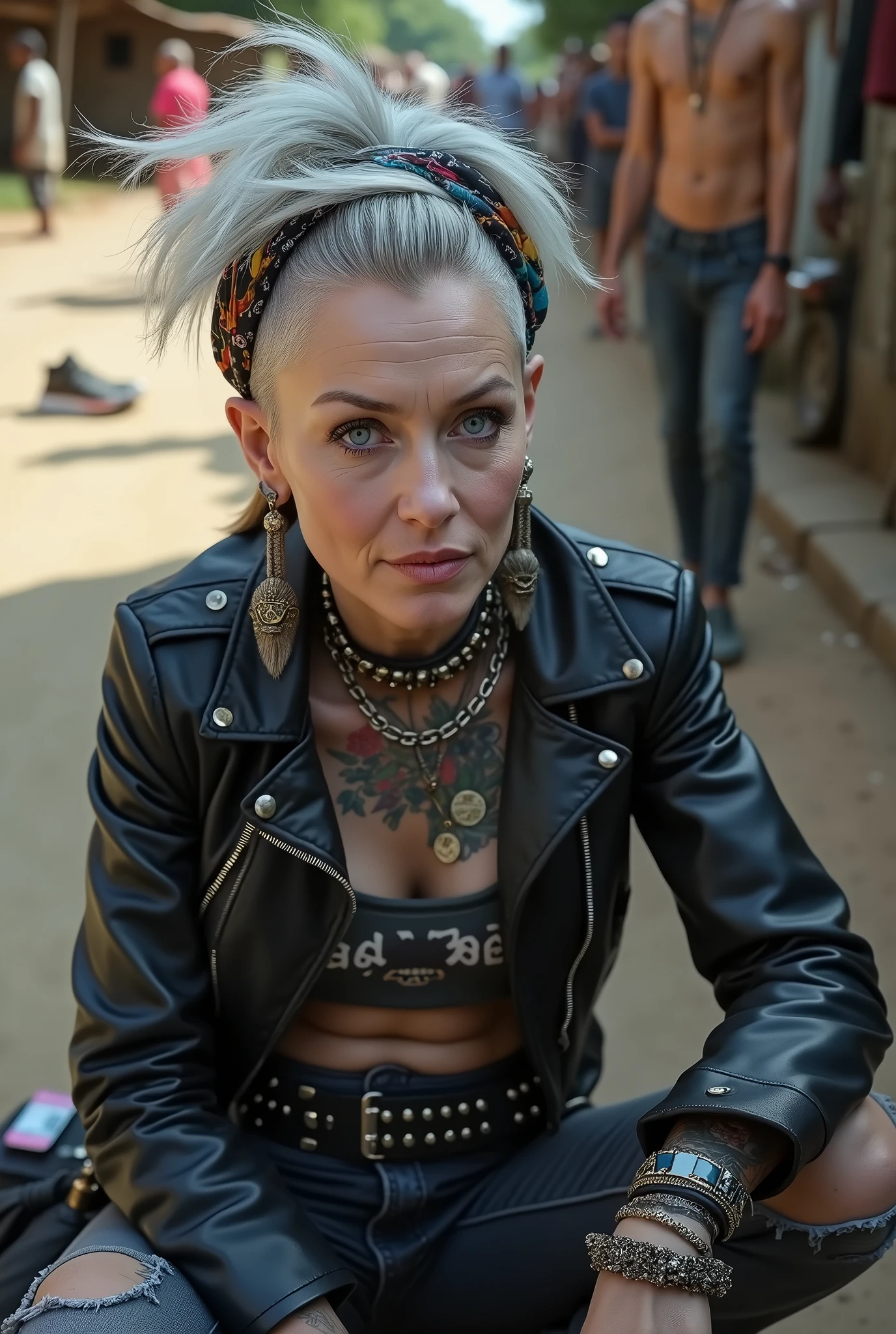 russian milf woman, grey hair (pouf, shaved sides, ponytail) and oversize wide colourful bandana as headband, with very light blue eyes, extremely pale. Wearing cropped black moto jacket with lots of zippers and pins. Dark grey cropped top with winged skull logo and gothic lettering, dark skinny blue jeans with holes in knees. Dirty white tennis sneakers . Lots of metallic bracelets and colourful beads collars. Tacky wide studded leather belt with oversized skull and bones buckle. Long bohemian earrings with feathers. Squatting, looking at the camera. Shy, humble facial expression. Hands on her knees, studded black leather tote bag with chains next to her Listening in amazement to somebody speaking to her, Toned abdominals, thin neck, slim legs and thin arms. Chest, neck and hands tattoed heavily. Dirt road in Kenia village, crowded with shirtless men in jeans. next to her, coins , mobile, lipstick, makeup kit and sunglasses and all her belongings scattered on the floor