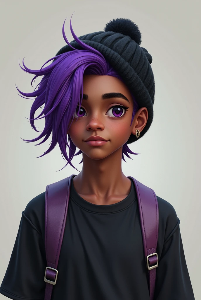 loli menina negra loira, bonita e fofa, wearing cap and overalls, babyface, Estilo Chibi, cabelos bicolores, pink and dark lilac, coque desarrumado, olhos de detalhe perfeito, rosto delicado, CG perfeito, Qualidade de imagem HD, fundo simples