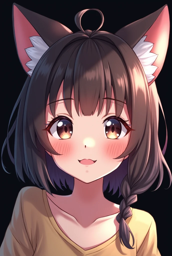 ear blush, by rubio, by the wide, swept bangs, Non-matching pupils, Sanpaku, cat ears, smile, animated style, tachi-e, High Definition, Black background