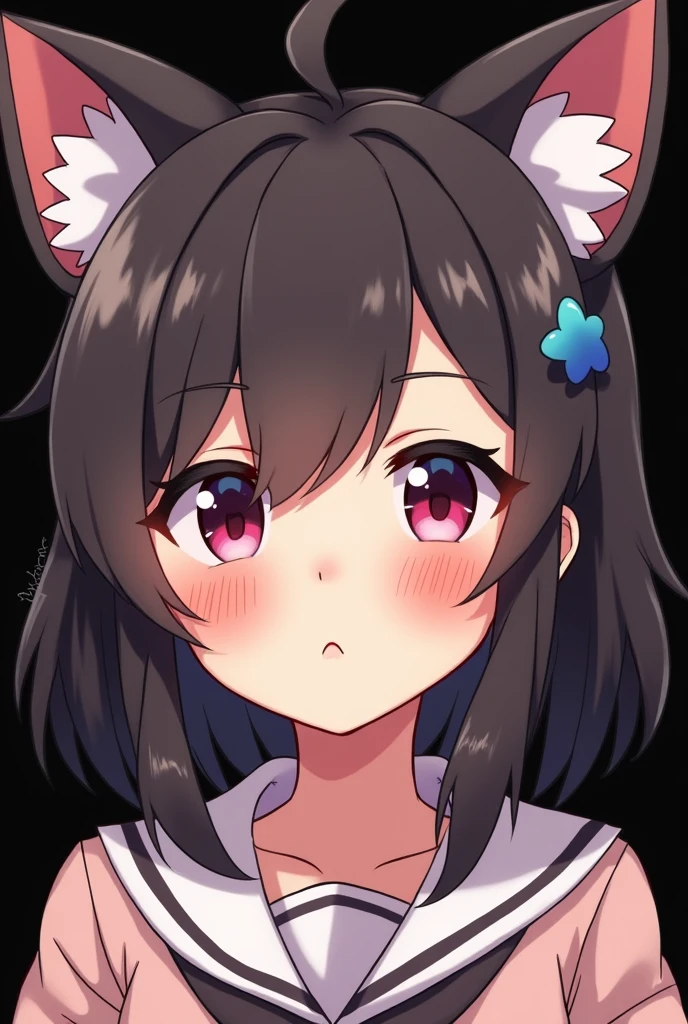 ear blush, by rubio, by the wide, swept bangs, Non-matching pupils, Sanpaku, cat ears, smile, animated style, tachi-e, High Definition, Black background