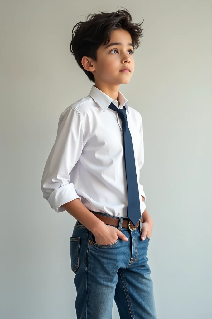 A boy wearing white shirt and denim jeans white a tie