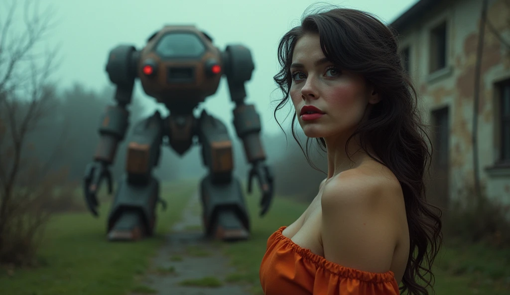 (Masterpiece.uhd.phtotrealistic.analog photography.1950 style.) ina dystopian Neo retro futuristic world.an ultra hot gorgeous Swedish woman. Age 23. Voluptuous hourglass ody. Gorgeous face.blush. Epic cleavage (100 E size) she’s dressed like a nun. Worried face. beautiful detailed eyes, beautiful detailed full red lips, extremely detailed face and features, long eyelashes,professional,bokeh, (at night time) 1930 clunky and rusty evil war robot in the background. In the garden of an old abandoned abbey.