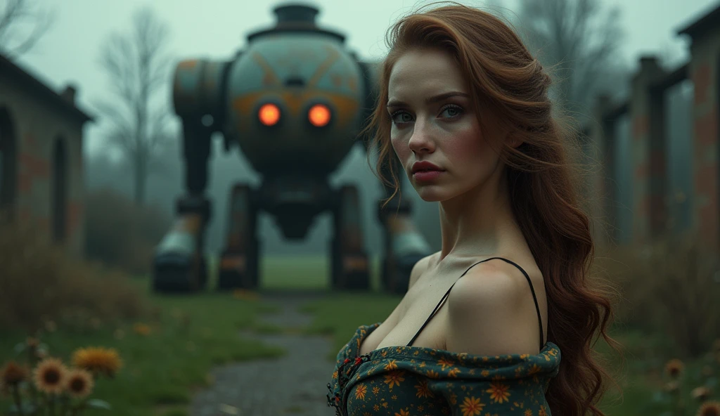 (Masterpiece.uhd.phtotrealistic.analog photography.1950 style.) ina dystopian Neo retro futuristic world.an ultra hot gorgeous Swedish woman. Age 23. Voluptuous hourglass ody. Gorgeous face.blush. Epic cleavage (100 E size) she’s dressed like a nun. Worried face. beautiful detailed eyes, beautiful detailed full red lips, extremely detailed face and features, long eyelashes,professional,bokeh, (at night time) 1930 clunky and rusty evil war robot in the background. In the garden of an old abandoned abbey.
